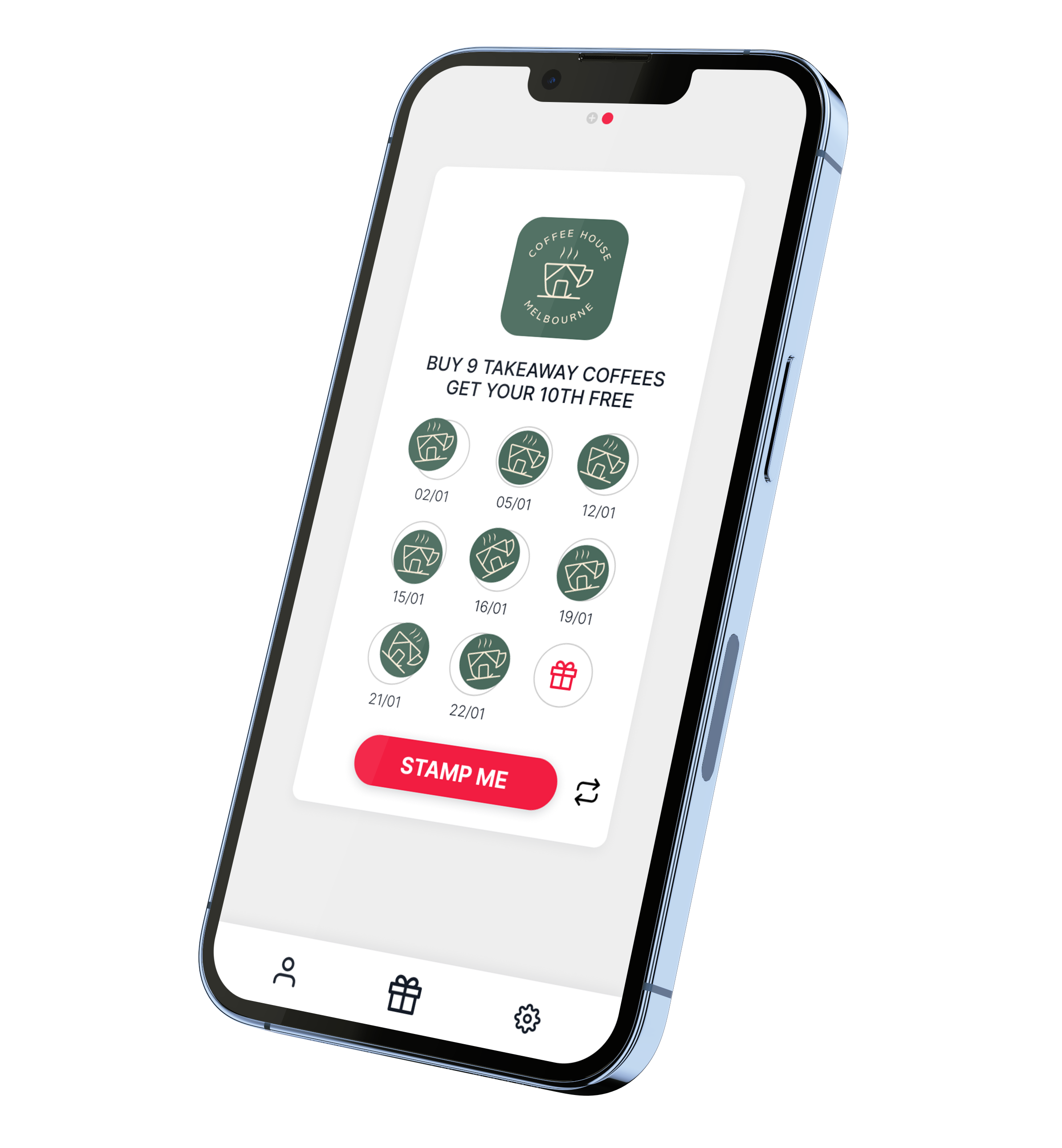 The Stamp Me app open on a phone. 
